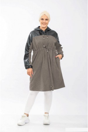 Büyük Beden Derili Jakar Kaşe Fermuarlı Kap  Vizon