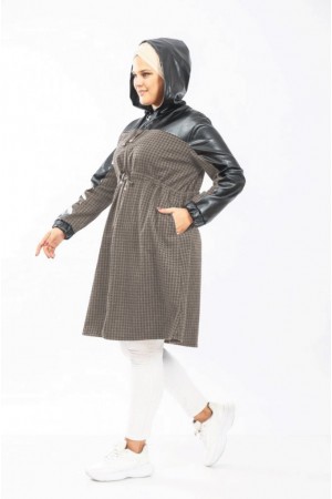 Büyük Beden Derili Jakar Kaşe Fermuarlı Kap  Vizon