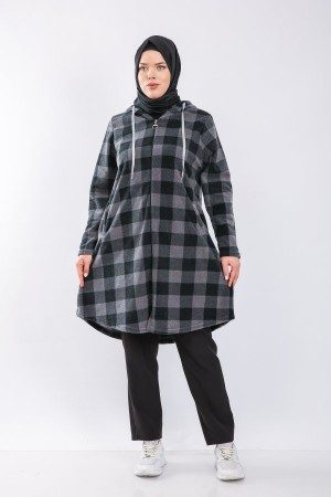 Büyük Beden Kapşonlu Fermuarlı Polar Kap  Antrasit  Ekose