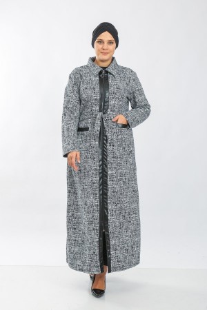 Büyük Beden Derili Jakar Kaşe Fermuarlı Tam Boy Ferace  Gri Siyah