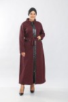 Büyük Beden Derili Jakar Kaşe Fermuarlı Tam Boy Ferace  Bordo