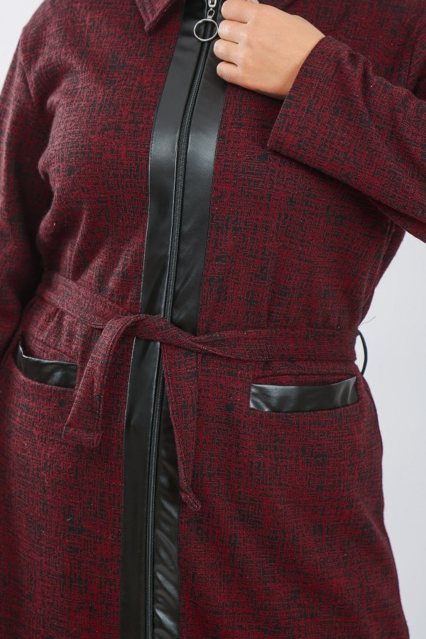 Büyük Beden Derili Jakar Kaşe Fermuarlı Tam Boy Ferace  Bordo