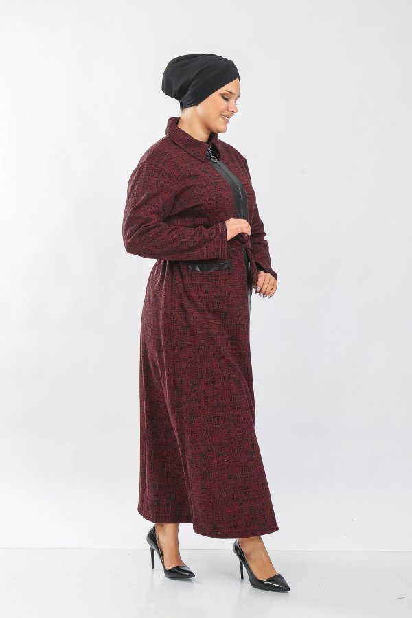 Büyük Beden Derili Jakar Kaşe Fermuarlı Tam Boy Ferace  Bordo
