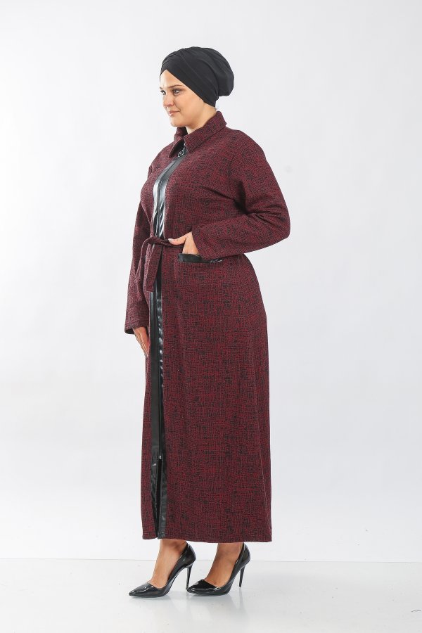 Büyük Beden Derili Jakar Kaşe Fermuarlı Tam Boy Ferace  Bordo