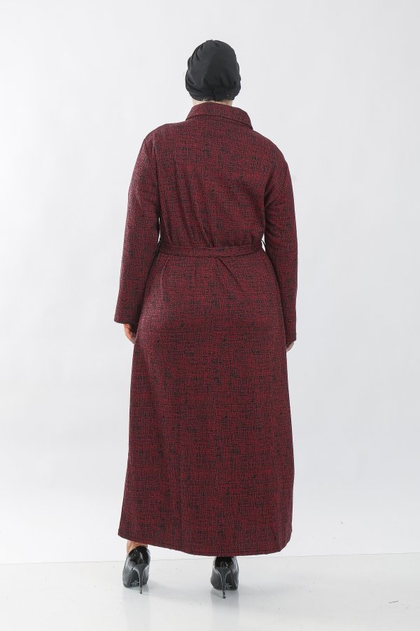 Büyük Beden Derili Jakar Kaşe Fermuarlı Tam Boy Ferace  Bordo