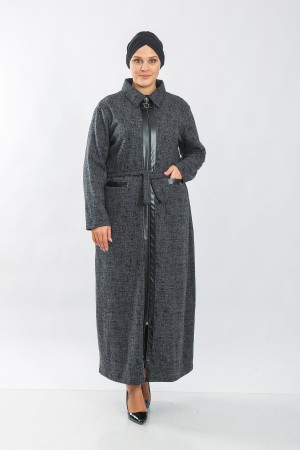 Büyük Beden Derili Jakar Kaşe Fermuarlı Tam Boy Ferace  Siyah