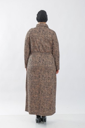 Büyük Beden Derili Jakar Kaşe Fermuarlı Tam Boy Ferace  Vizon