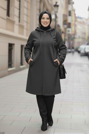 Büyük Beden Kapşonlu Fermuarlı Polar Kap  Antrasit