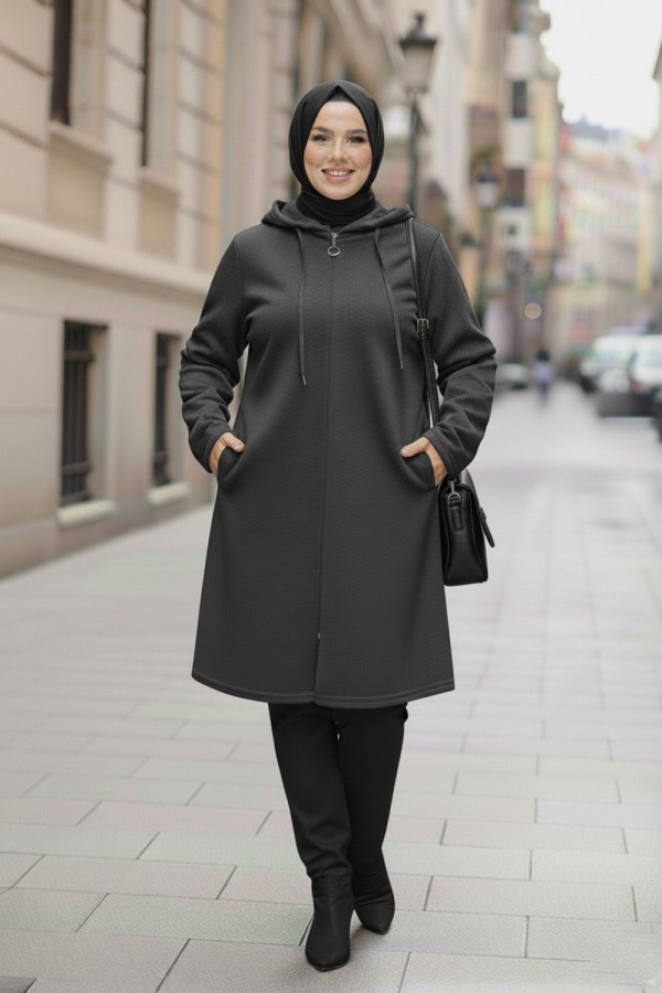 Büyük Beden Kapşonlu Fermuarlı Polar Kap  Antrasit