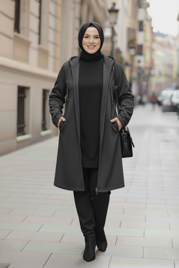 Büyük Beden Kapşonlu Fermuarlı Polar Kap  Antrasit