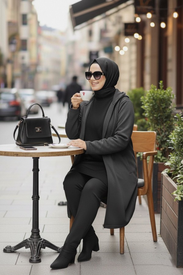 Büyük Beden Kapşonlu Fermuarlı Polar Kap  Antrasit