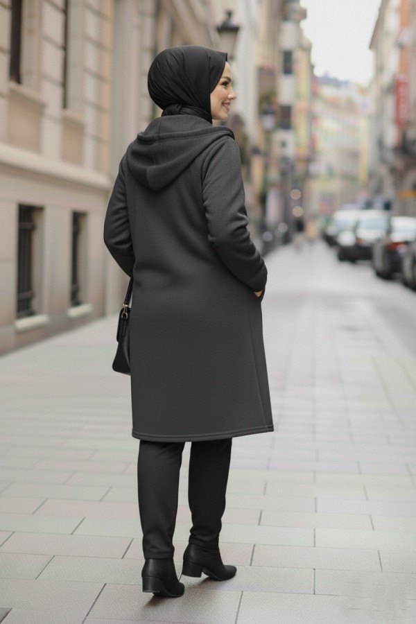 Büyük Beden Kapşonlu Fermuarlı Polar Kap  Antrasit