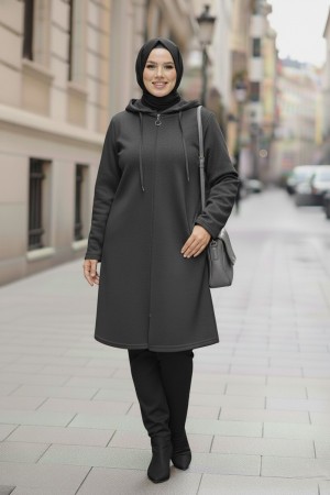 Büyük Beden Kapşonlu Fermuarlı Polar Kap  Antrasit