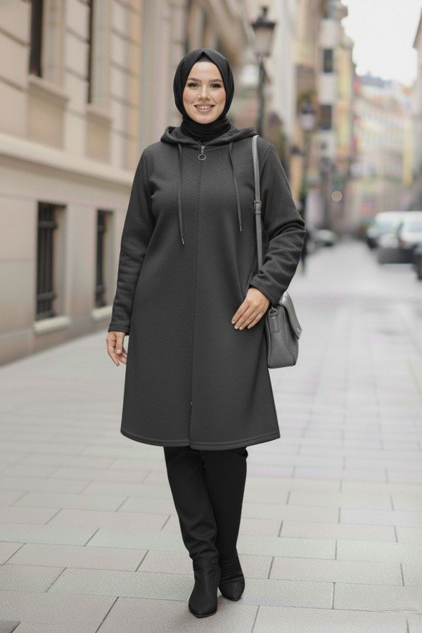 Büyük Beden Kapşonlu Fermuarlı Polar Kap  Antrasit