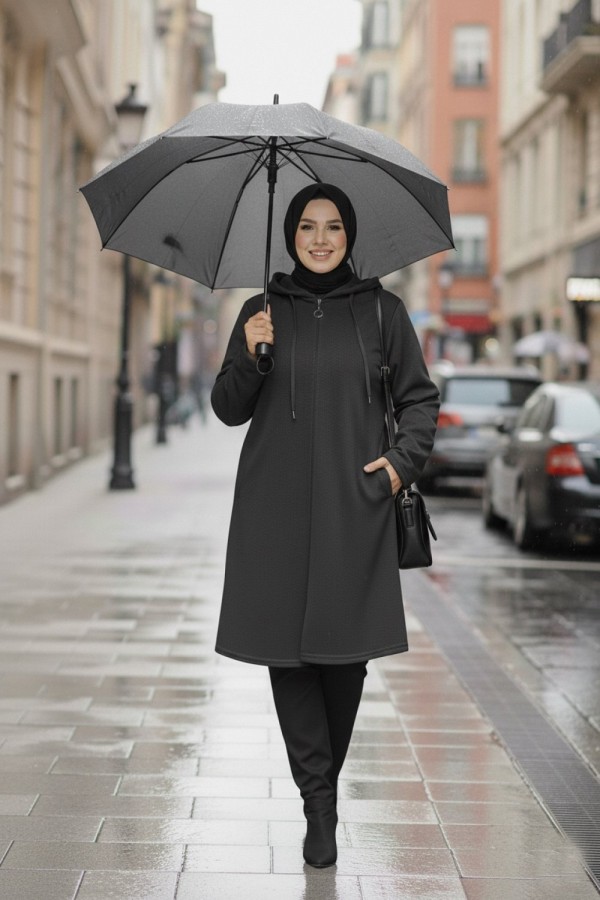 Büyük Beden Kapşonlu Fermuarlı Polar Kap  Antrasit