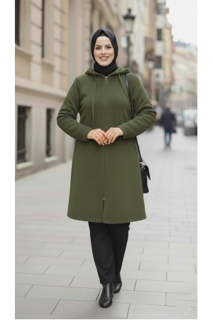 Büyük Beden Kapşonlu Fermuarlı Polar Kap  Haki