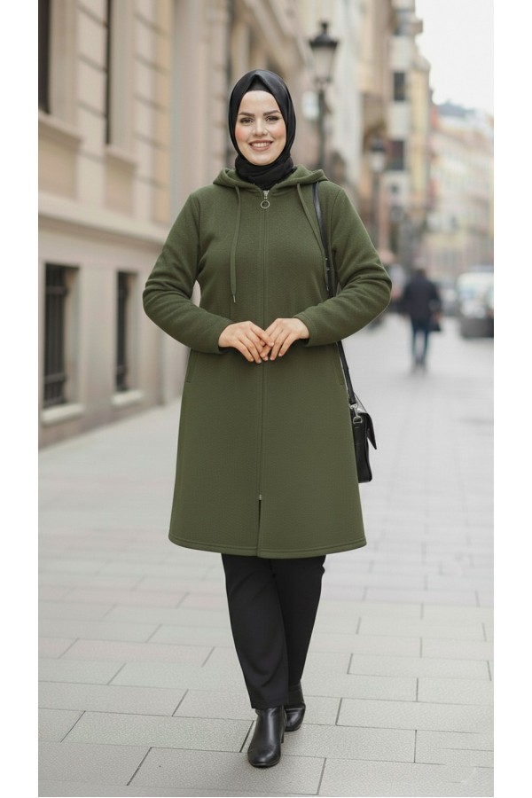 Büyük Beden Kapşonlu Fermuarlı Polar Kap Haki Büyük Beden Kapşonlu Fermuarlı Polar Kap Haki