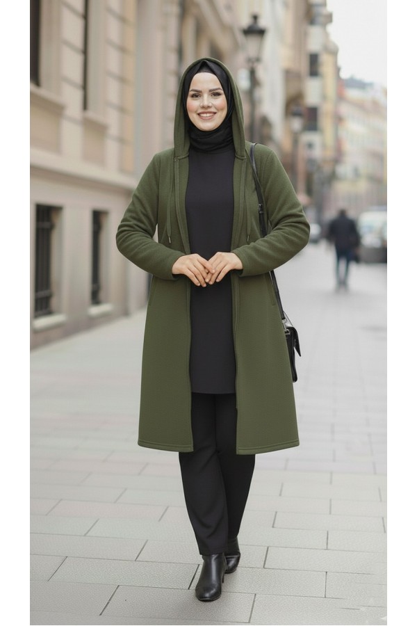 Büyük Beden Kapşonlu Fermuarlı Polar Kap Haki Büyük Beden Kapşonlu Fermuarlı Polar Kap Haki