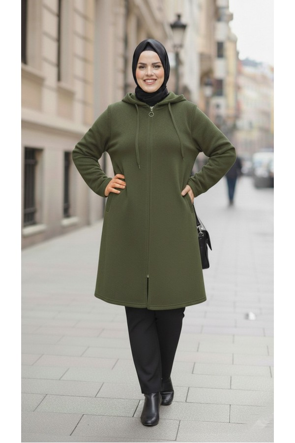 Büyük Beden Kapşonlu Fermuarlı Polar Kap Haki Büyük Beden Kapşonlu Fermuarlı Polar Kap Haki