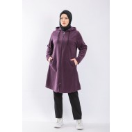 Büyük Beden Kapşonlu Fermuarlı Polar Kap  Koyu Mor