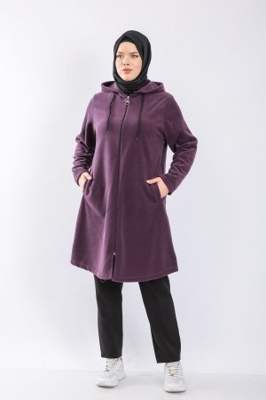 Büyük Beden Kapşonlu Fermuarlı Polar Kap  Koyu Mor