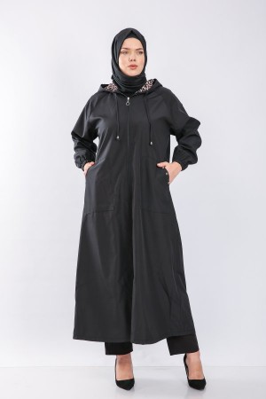 Büyük Beden Tam Boy Düğme Detaylı Su Geçirmez Bondit Kapşonlu Trenç  Siyah