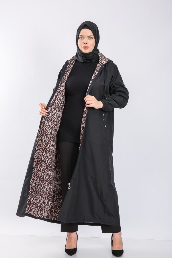 Büyük Beden Tam Boy Düğme Detaylı Su Geçirmez Bondit Kapşonlu Trenç Siyah Büyük Beden Tam Boy Düğme Detaylı Su Geçirmez Bondit Kapşonlu Trenç Siyah