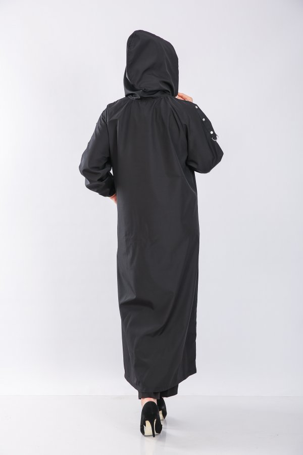 Büyük Beden Tam Boy Düğme Detaylı Su Geçirmez Bondit Kapşonlu Trenç Siyah Büyük Beden Tam Boy Düğme Detaylı Su Geçirmez Bondit Kapşonlu Trenç Siyah