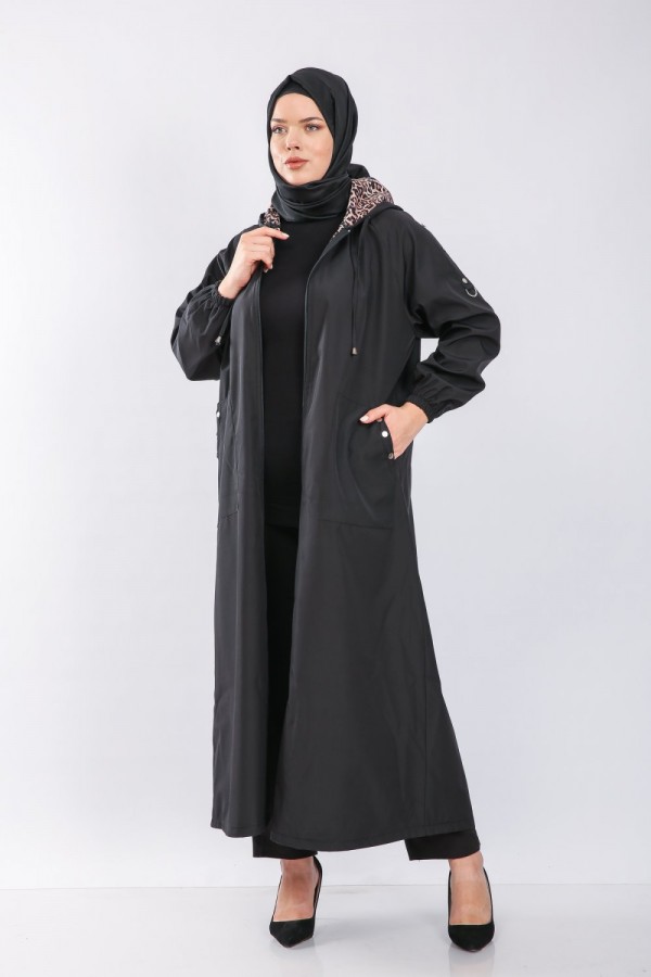 Büyük Beden Tam Boy Düğme Detaylı Su Geçirmez Bondit Kapşonlu Trenç Siyah Büyük Beden Tam Boy Düğme Detaylı Su Geçirmez Bondit Kapşonlu Trenç Siyah