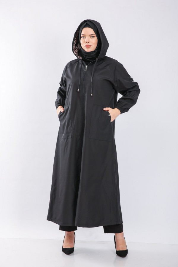 Büyük Beden Tam Boy Düğme Detaylı Su Geçirmez Bondit Kapşonlu Trenç Siyah Büyük Beden Tam Boy Düğme Detaylı Su Geçirmez Bondit Kapşonlu Trenç Siyah