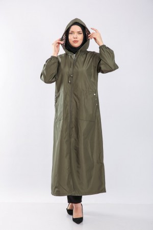 Büyük Beden Tam Boy Düğme Detaylı Su Geçirmez Bondit Kapşonlu Trenç  Haki