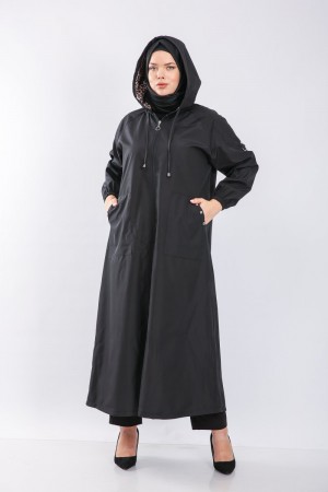 Büyük Beden Tam Boy Düğme Detaylı Su Geçirmez Bondit Kapşonlu Trenç  Lacivert