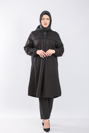 Büyük Beden Kapşonlu Önden Düğme Detaylı İki İplik Fermuarlı Kap  Siyah