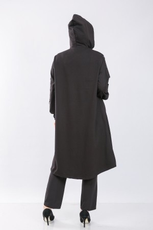 Büyük Beden Kapşonlu Önden Düğme Detaylı İki İplik Fermuarlı Kap  Siyah