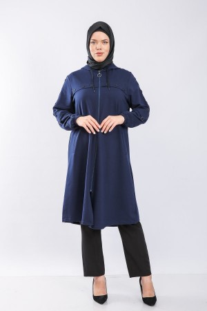 Büyük Beden Kapşonlu Önden Düğme Detaylı İki İplik Fermuarlı Kap Lacivert
