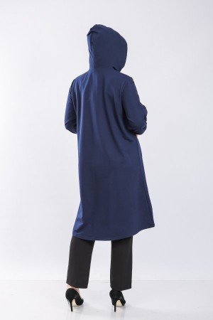 Büyük Beden Kapşonlu Önden Düğme Detaylı İki İplik Fermuarlı Kap Lacivert