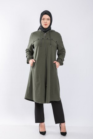 Büyük Beden Kapşonlu Önden Düğme Detaylı İki İplik Fermuarlı Kap  Haki