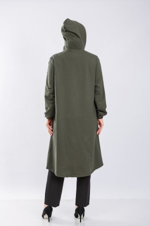 Büyük Beden Kapşonlu Önden Düğme Detaylı İki İplik Fermuarlı Kap  Haki