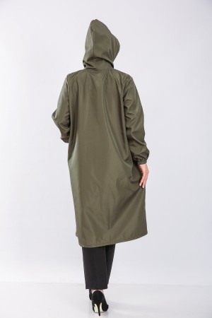 Büyük Beden Ara Boy Su Geçirmez Bondit Kapşonlu Trenç  Haki