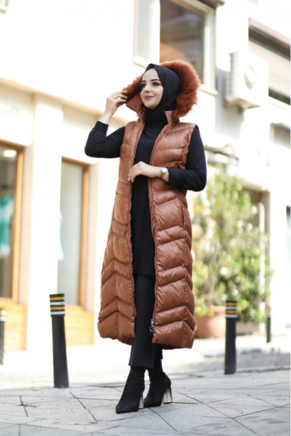 Hakiki Gerçek Elyaf Dolum Kapşonlu Şişme Yelek 120cm Taba Hakiki Gerçek Elyaf Dolum Kapşonlu Şişme Yelek 120cm Taba