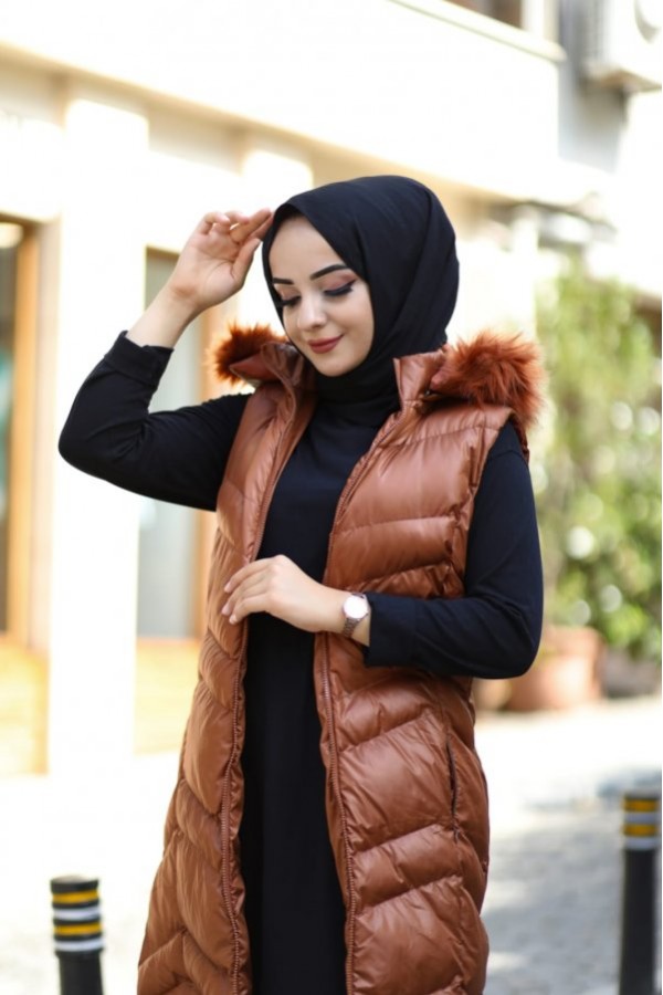 Hakiki Gerçek Elyaf Dolum Kapşonlu Şişme Yelek 120cm Taba Hakiki Gerçek Elyaf Dolum Kapşonlu Şişme Yelek 120cm Taba