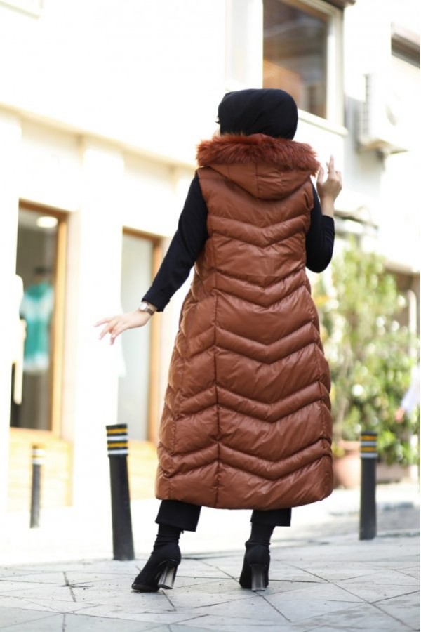 Hakiki Gerçek Elyaf Dolum Kapşonlu Şişme Yelek 120cm Taba Hakiki Gerçek Elyaf Dolum Kapşonlu Şişme Yelek 120cm Taba