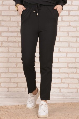 Dar Paça Dabıl Krep Lastikli Bel Pantolon  Siyah