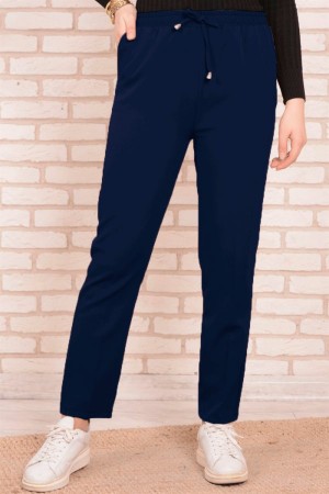 Dar Paça Dabıl Krep Lastikli Bel Pantolon  Lacivert