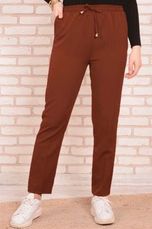 Dar Paça Dabıl Krep Lastikli Bel Pantolon  Kiremit