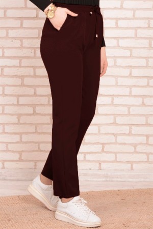 Dar Paça Dabıl Krep Lastikli Bel Pantolon  Bordo