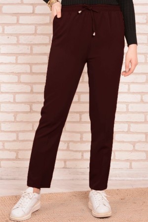 Dar Paça Dabıl Krep Lastikli Bel Pantolon  Bordo