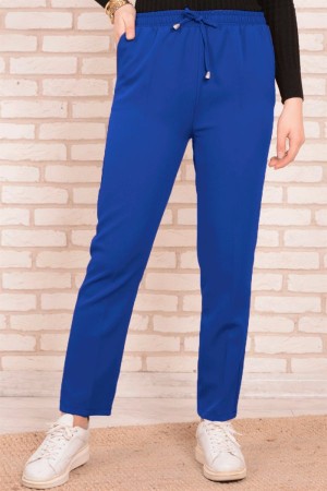 Dar Paça Dabıl Krep Lastikli Bel Pantolon  Saks Mavi