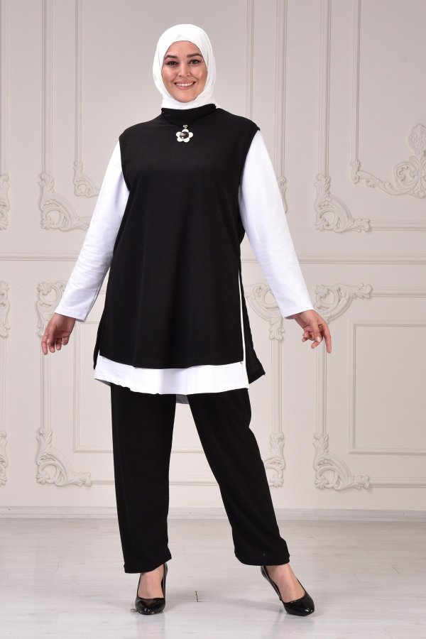 Büyük Beden Yandan Yırtmaçlı Yün Efect Üçlü Takım KOLYE HEDİYELİ Siyah Büyük Beden Yandan Yırtmaçlı Yün Efect Üçlü Takım KOLYE HEDİYELİ Siyah