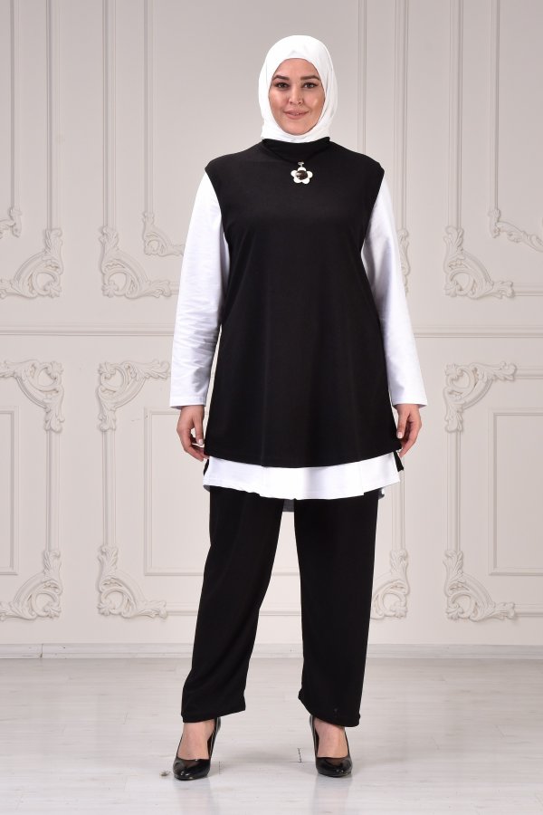 Büyük Beden Yandan Yırtmaçlı Yün Efect Üçlü Takım KOLYE HEDİYELİ Siyah Büyük Beden Yandan Yırtmaçlı Yün Efect Üçlü Takım KOLYE HEDİYELİ Siyah